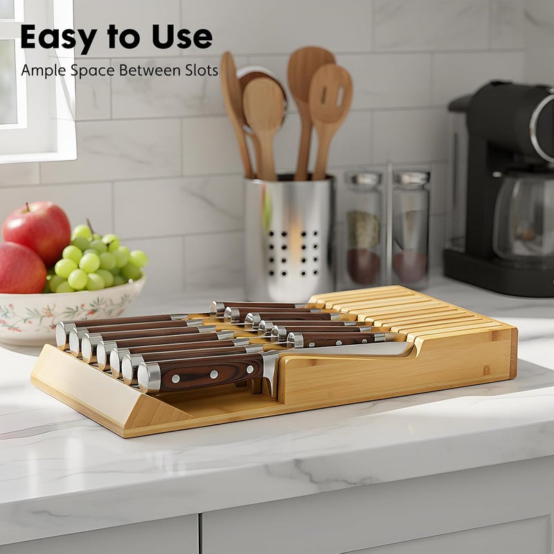 WenCraft Bamboo Kitchen Drawer Knife Block, In drawer Knife Holder, Knife Drawer Organizer fit for 13 knives - Image 2